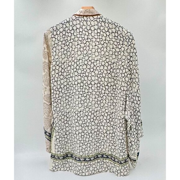 BCBG MaxAzria 100% Silk Kimona Geometric Paisley Navy Tan - Picture 3 of 6